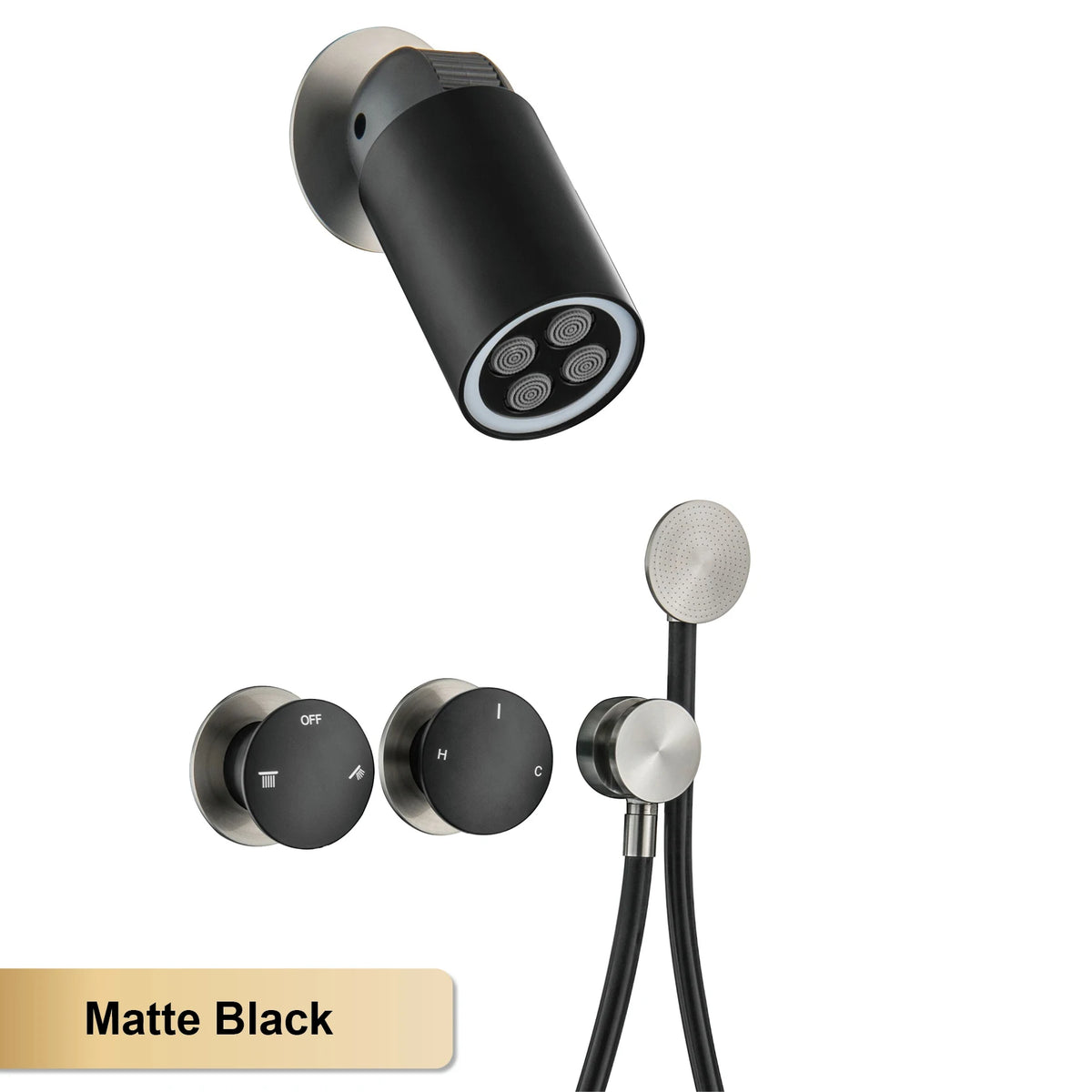Aitana Minimalist Black Brass Wall-Mounted Bathroom Shower System with LED Light Rainfall Head 2 Functions of Hot And Cold Water