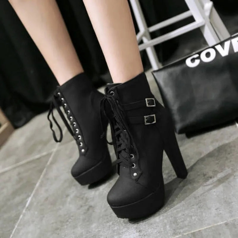 Winter Women Platform Ankle Boots 12cm Super High Chunky Heels Black Plush Rivet Lace Up Motorcycle Lady Studded Punk Short Boot