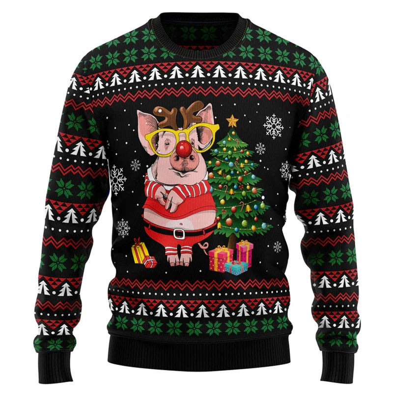 Cute Pink Pig Graphic Ugly Christmas Sweater Men 2026 Merry Christmas Long Sleeve Pullovers Tops Family Festival Sweatshirts