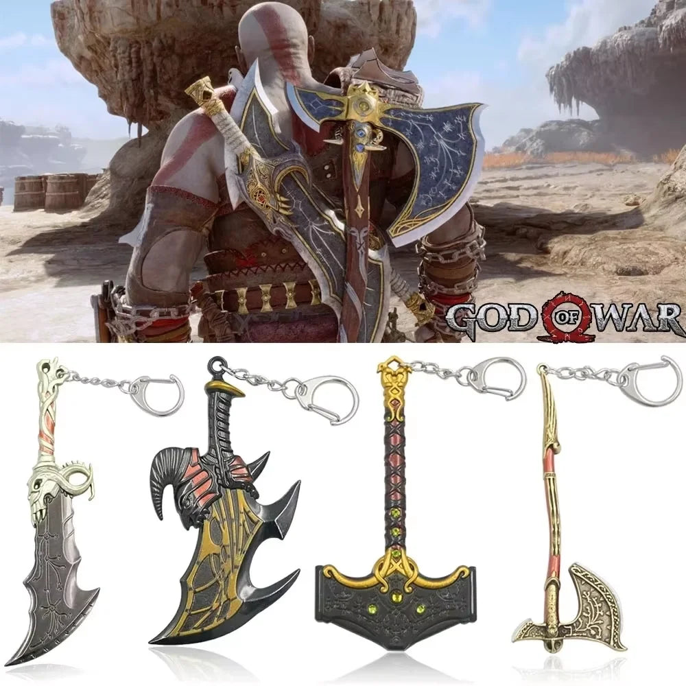 God of War 5 Ragnarok Keychain Kratos Leviathan Axe Blades of Chaos Mjolnir Hammer Weapon Pendant Key Chain for Men Keyring Gift
