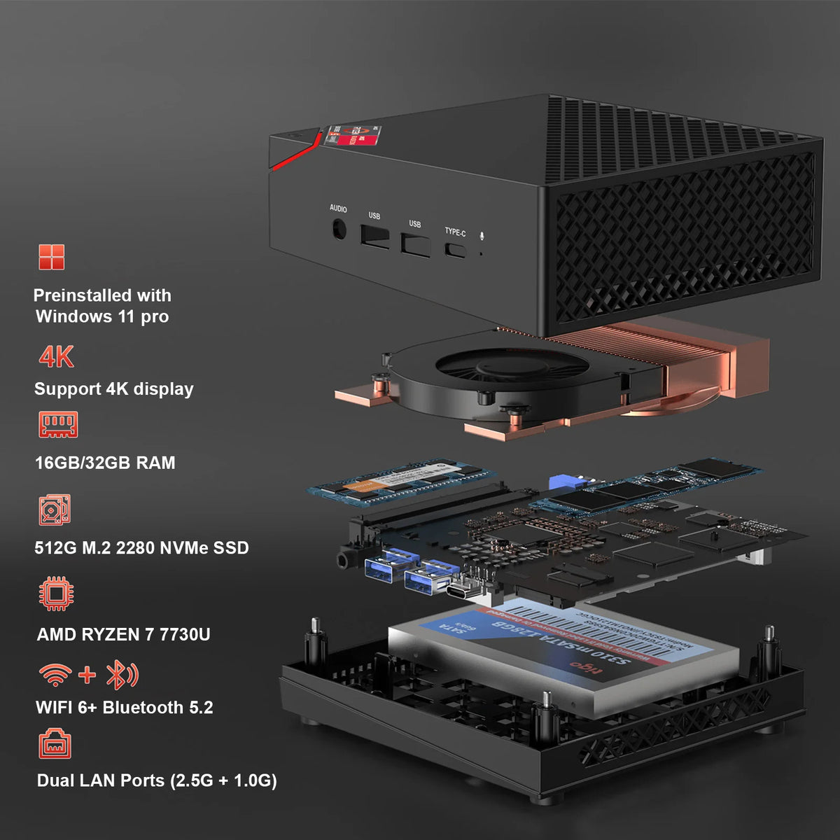 KAMRUI MINI PC R7 7730U Dual Channel 32GB DDR4 512GB SSD Win11pro WiFi6 BT5.2 Triple 4K Display Desktop Computer for Office Home
