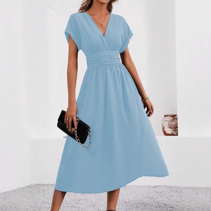 Woman Summer Solid-Color V-Neck Batwing-Sleeve Pleated Long Elegant Dress Woman Clothing Tops Skirts Y2k Clothes