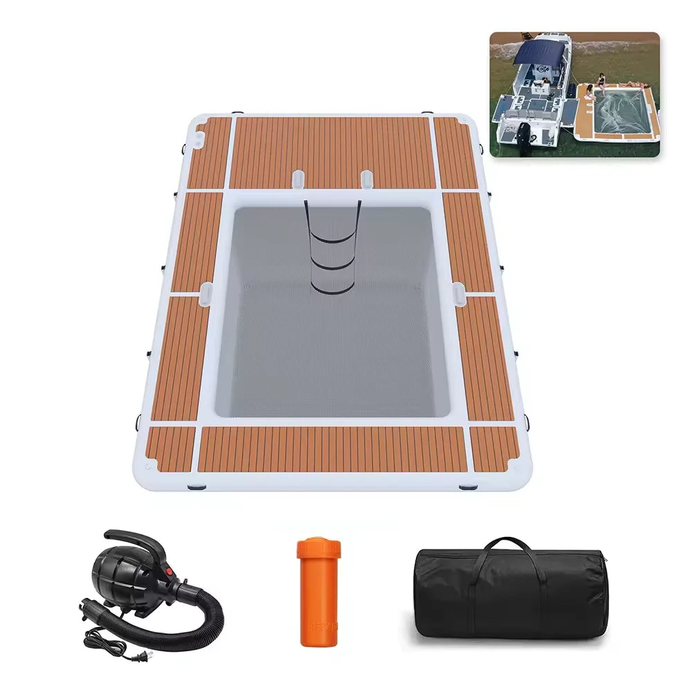 US Stock Inflatable Floating Swimming Pool Inflatable Dock Floating Platform 13x10ft Inflatable Sea Pool with Net for Yacht Boat
