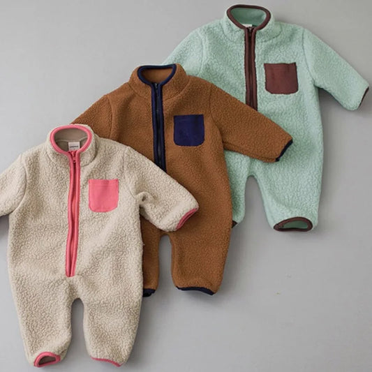 MILANCEL Spring Autumn Newborn Baby Romper Infant Warm Lamb Fleece Patchwork Jumpsuit Toddler Outwear