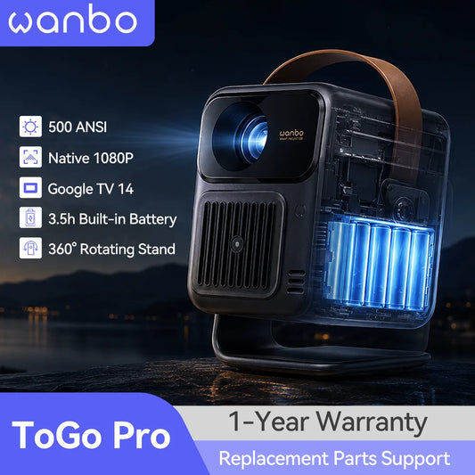 Wanbo Togo Pro Portable Projector,Built-in Battery(3,5h),500ANSI,Native 1080P,Google TV,Sealed Lens,for Outdoor Backyard Part