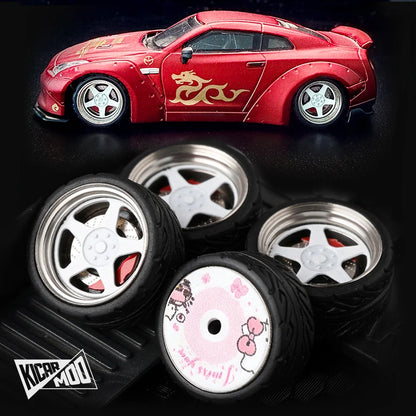 Kicarmod 1/64 10.5mm Alloy Model Wheels with Magnetic Hub Caps-with Rubber Tires for Tomica Custom Diecast Cars