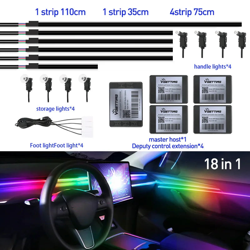 Full Color Streamer Car Ambient Lights RGB 64 Color Universal LED Interior Hidden Acrylic Strip Symphony Atmosphere Lamp