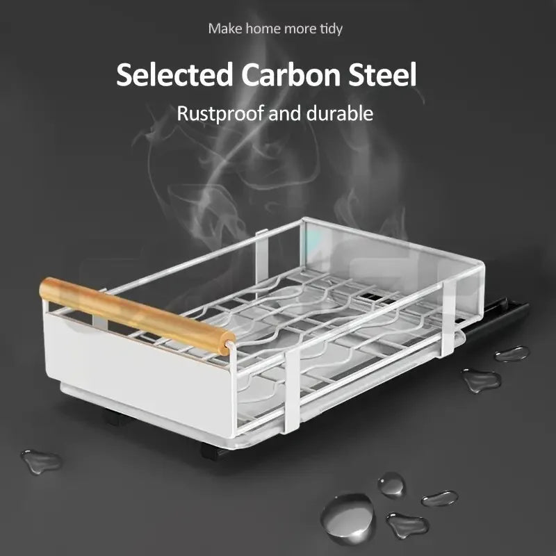 Pull-Out Kitchen Storage Rack - Carbon Steel Dish Rack with Sliding Drawers for Dishes, Cutlery, and Condiment Storage Organizer