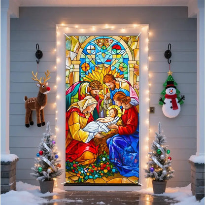 Christmas Door Banner Stained Glass Jesus Nativity Design Religious Holiday Theme Decorative Door Cover Outdoor Christian Decora