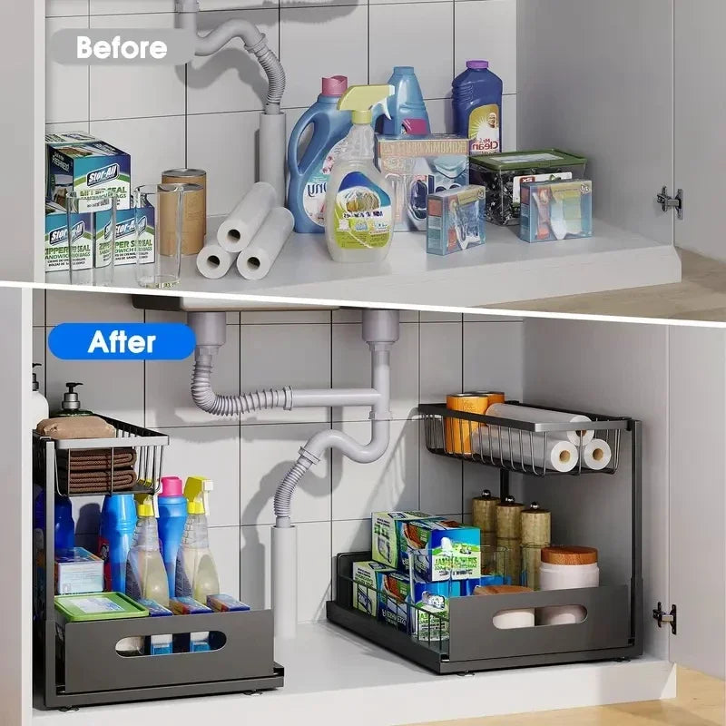 2 Tier Sliding Under Sink Storage Rack Rustproof Metal Iron Pull Out Basket Organizer for Kitchen Bathroom Cabinet Home Storage