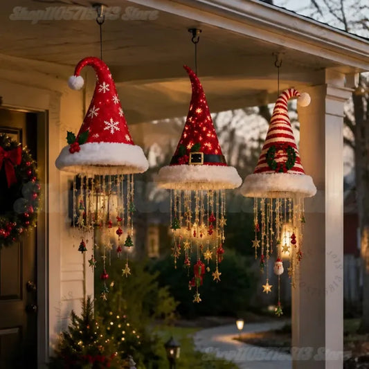 Lighted Santa Hat Hanging Chandelier,3 Styles Warm LED Christmas String Light with Festive Ornaments,Holiday Lighting Decor