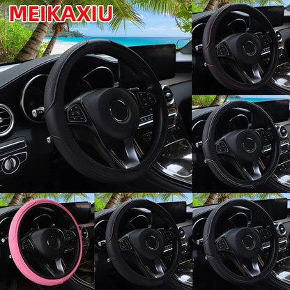 PU Leather Embossed Steering Wheel Cover 14.5-15 Inch round Rimless Design for All Seasons Men Women Cars