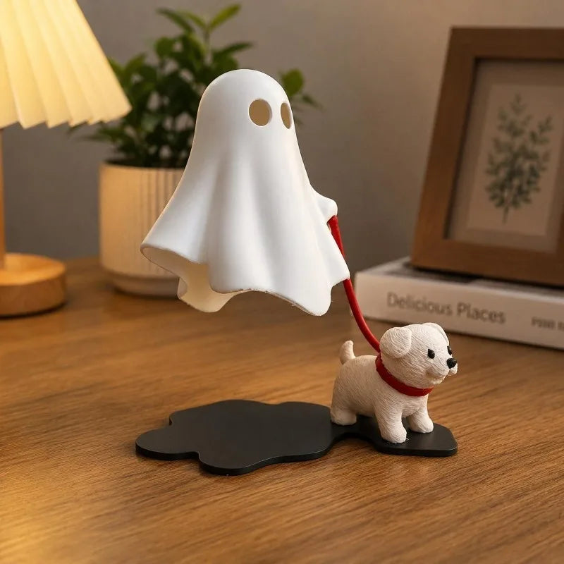Ghost Walking Puppy Halloween Figurine, Cute White Dog and Ghost Tabletop Decor for Desk, Shelf, Office, Bedroom and Home & Gift