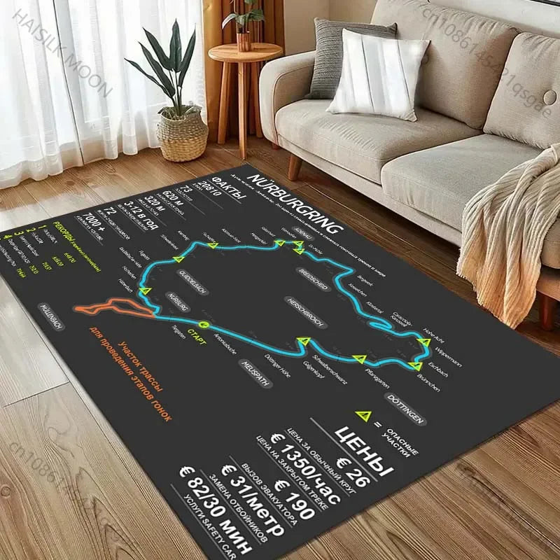 Race Track Inspired Area Rug – F1 Style Circuit Carpet for Living Room & Bedroom, Non-Slip Washable Large Floor Mat