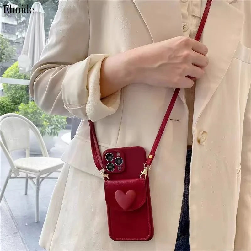 Love Wallet Lanyard Case for iPhone 17 Pro Max 17Air 11 12 13 15 Pro 16 14 Plus Crossbody Strap Fashion Leather Cute Bag Cover