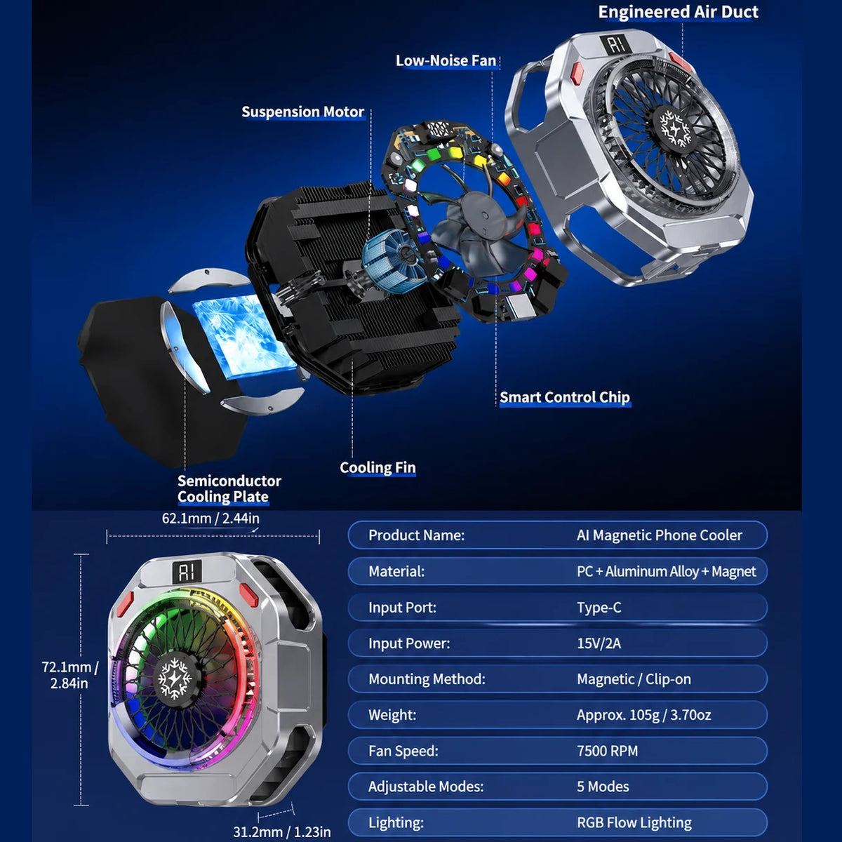 TH28 Pro Semiconductor Phone Cooler 35W Powerful Cooling Smart Temperature Control 5 Adjustable Modes RGB Lights Extreme Cooling