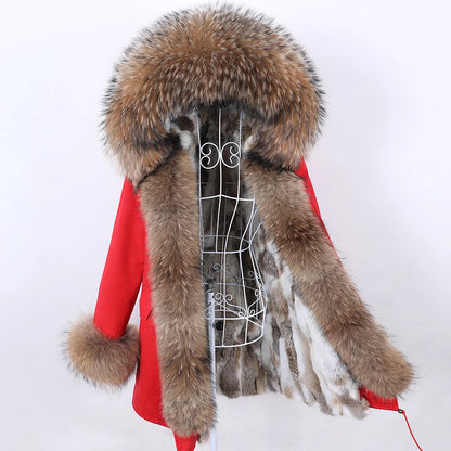2026 Maomaokong Women's Winter Coats Rabbit Lining Jacket Natural Real Raccoon Fur Collar Parka Fox Fur Long Female Clothing