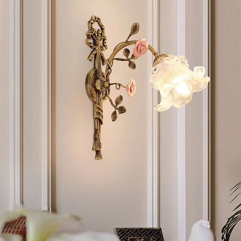 French Vintage Rural Romantic Ceramic Flower Luxury High-End Eye-Friendly Full-Spectrum Dining Room Full Copper Glass Wall Lamp