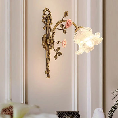 French Vintage Rural Romantic Ceramic Flower Luxury High-End Eye-Friendly Full-Spectrum Dining Room Full Copper Glass Wall Lamp