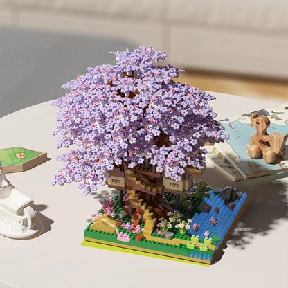 Large Sakura Treehouse Micro Particle Building Blocks, High-Difficulty Assembly Toy, 3D Collectible Display Piece, Suitable as a Holiday Gift for Children Aged 6 and Above