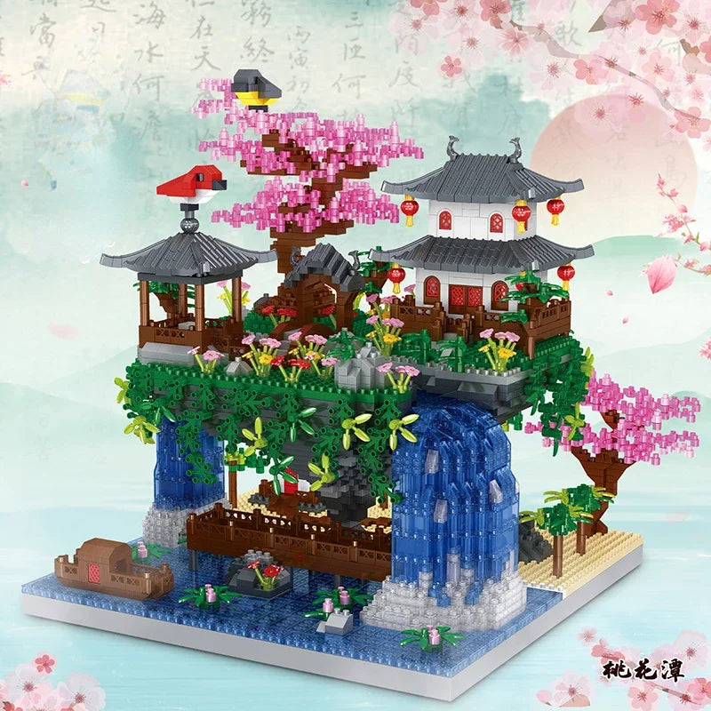 MOC Peach Blossom Pool Cherry Tree House Building Block Chinese Architecture DIY Bricks Cherry Blossom Toy for Kids Adult Gift