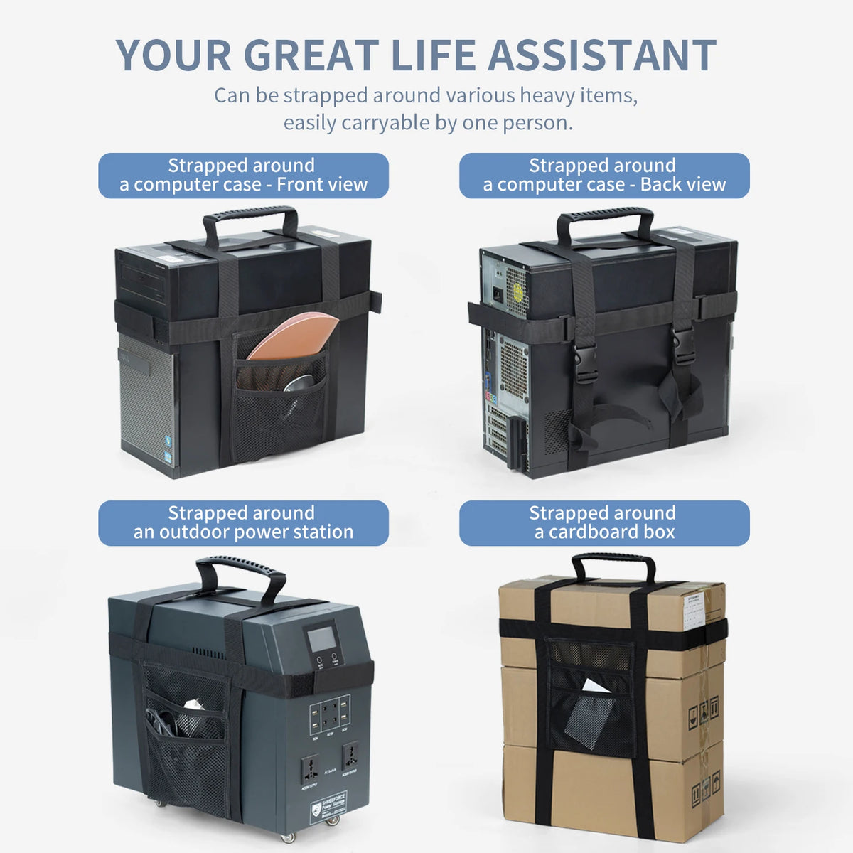 Computer Tower Transport with Handle Universal PC Tower Carrying Strap Gaming Desktop Belt with Side Pockets for Cables Mouse