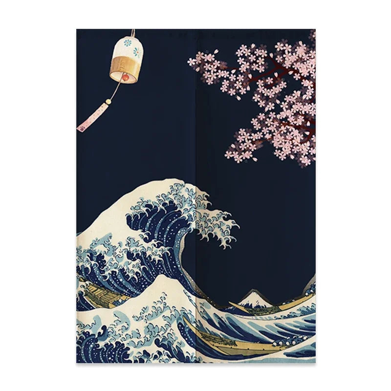 VIKAMA Japanese Linen Door Curtain Noren Half Curtain for Kitchen Bedroom Entrance Décor Customizable Mount Fuji Waves Partition