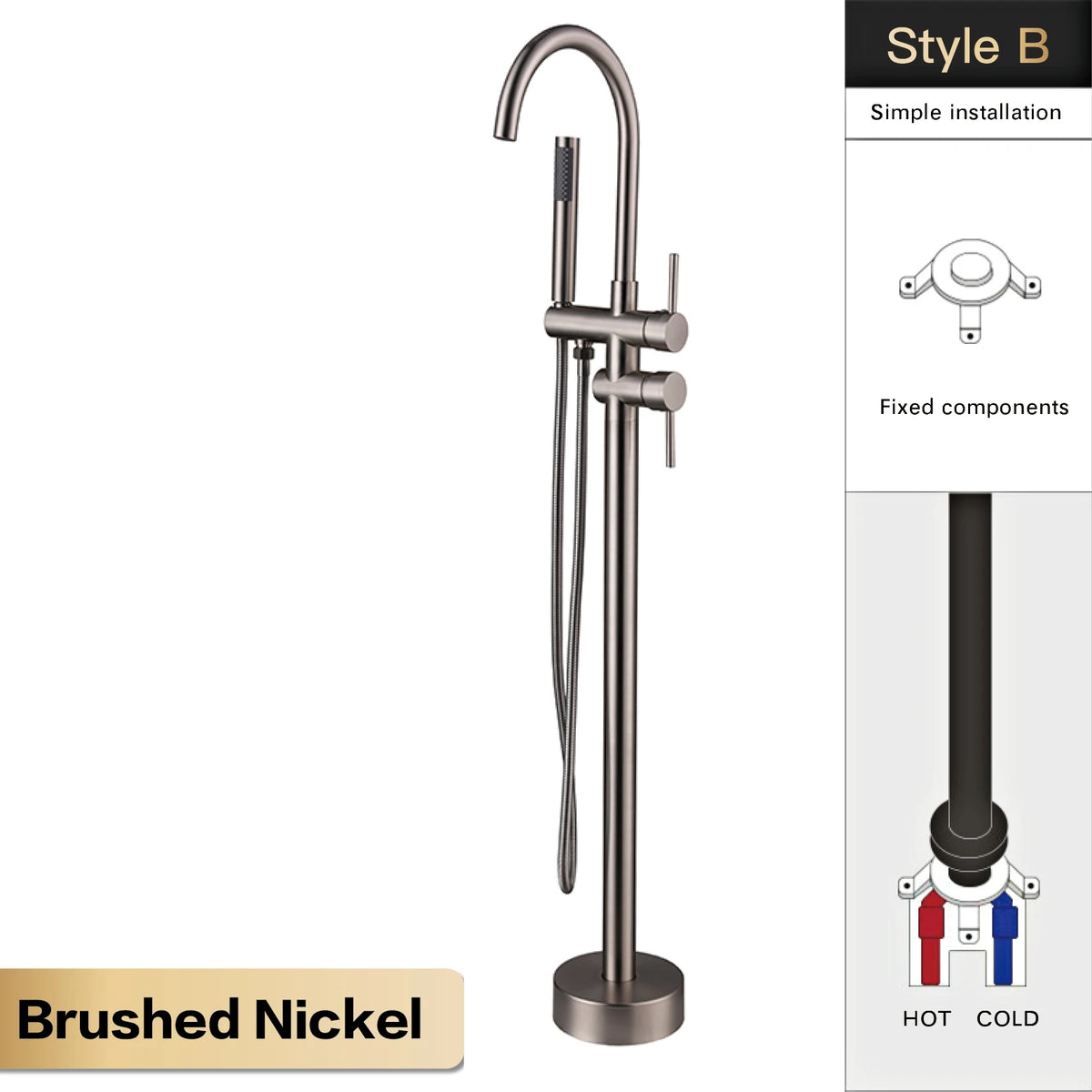 AITANA Luxury Black Brass Bathroom Faucet. Floor Standing Design with Simple 2 Handle Hot and Cold Bathtub and Dual-Mode Faucet