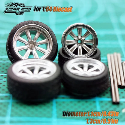 Kicarmod 1/64 Model Car ABS Wheels with Rubber Tire Metal Rims Front Small Rear Large Refitting Parts For Model Car