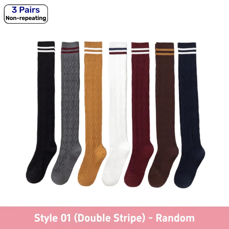 1 3 Pairs Women's Cotton Thigh High Socks Over The Knee Colorful Striped Pattern Casual Daily Wear Fashion Socks Black White