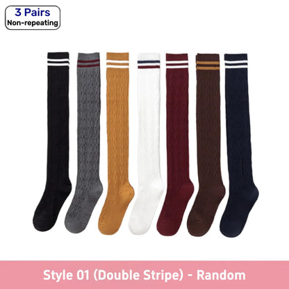 1 3 Pairs Women's Cotton Thigh High Socks Over The Knee Colorful Striped Pattern Casual Daily Wear Fashion Socks Black White