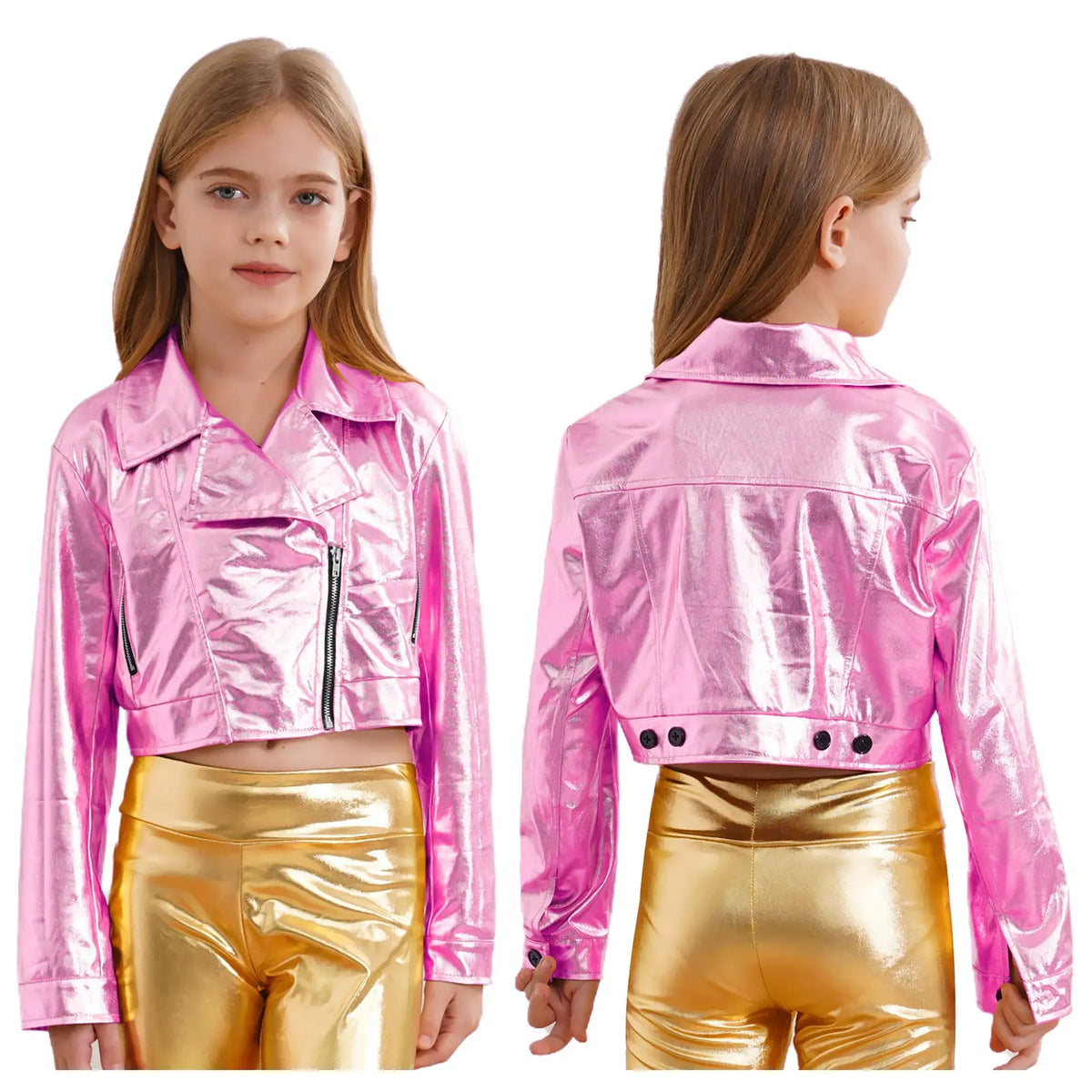 Kid Girls Boys Zipper Metallic Motorcycle Jacket Coat Hip-Hop Jazz Street Dance Outwear School Party Stage Performance Dancewear