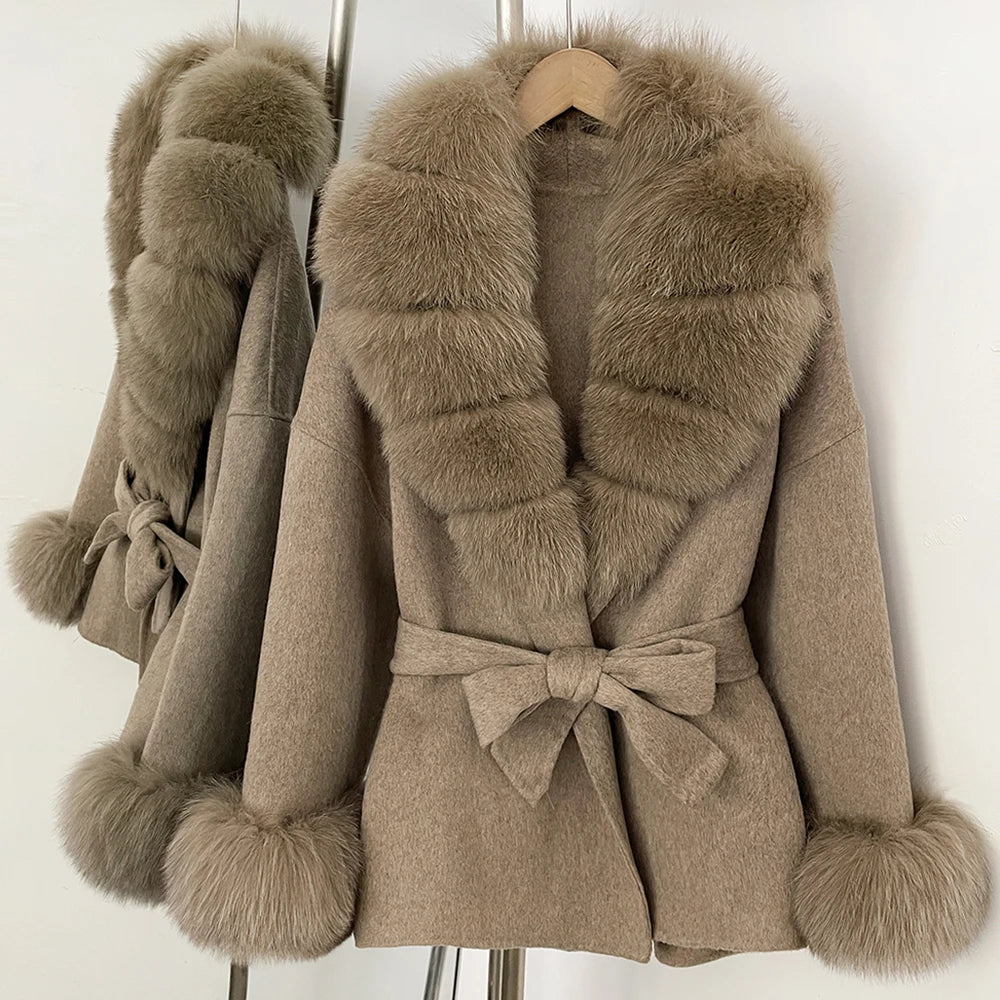 OFTBUY New Luxury Winter Clothes Outerwear Women Mid-Length 100% Wool Coat Real Fox Fur Collar Belted Wrap Woolen Jacket Female