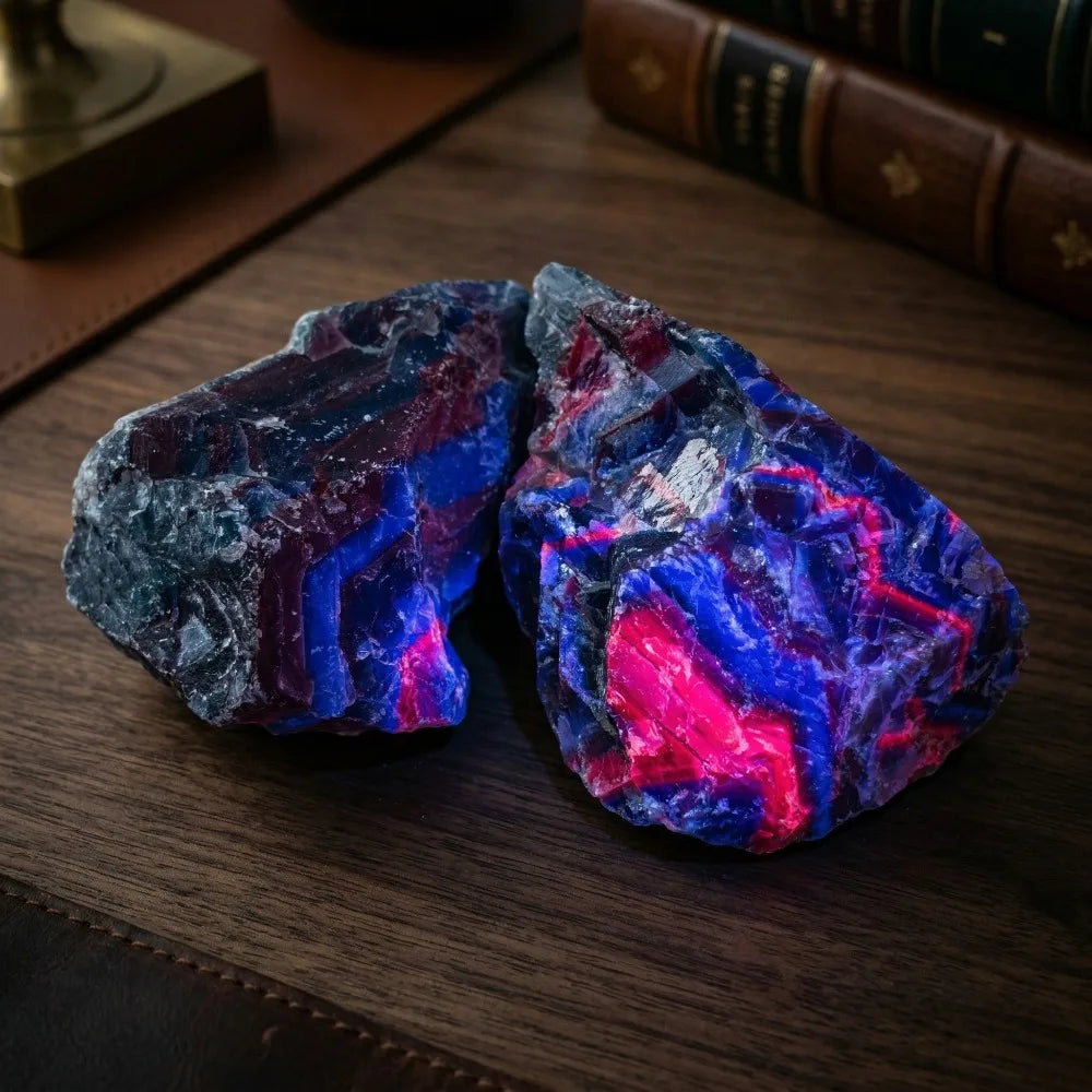 Natural Black Rose Fluorite specimen with intense red and UV reactivity for home decoration.