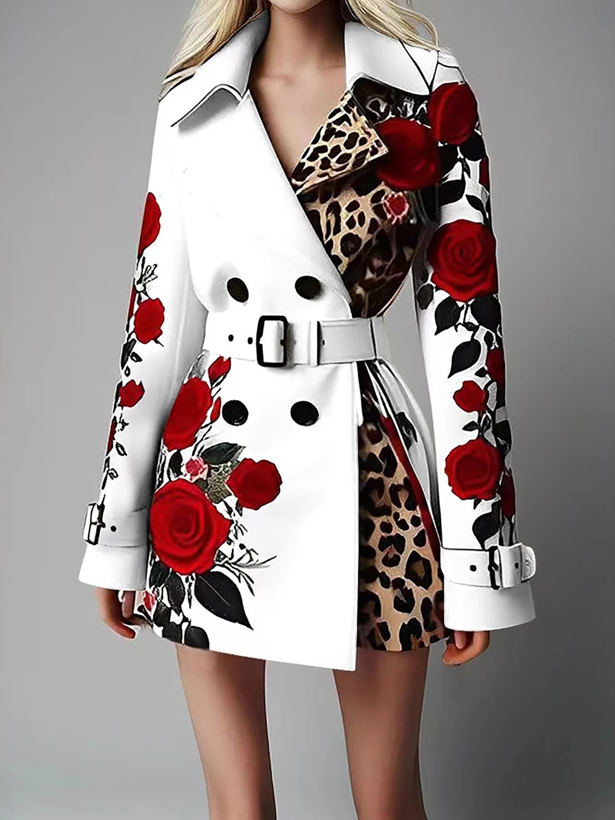 Women's Chic Trench Coat Red Rose Leopard Print Double Breasted Belted Lapel Long Sleeve Casual Outerwear Winter Female Jackets