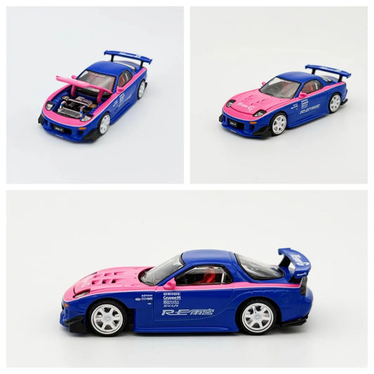 Pop Race 1:64 RX7 RE-Amemiya Blue/Pink #240 JDM Diecast Model Car