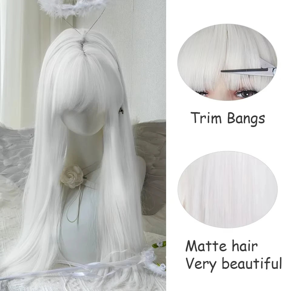 White Long Straight Wigs for Women with Bangs Natural Looking Synthetic Hair Wig for Halloween Cosplay Daily Use