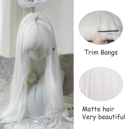 White Long Straight Wigs for Women with Bangs Natural Looking Synthetic Hair Wig for Halloween Cosplay Daily Use