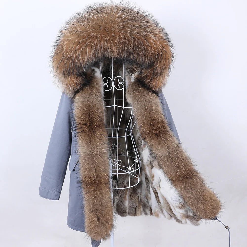 2026 Maomaokong Women's Winter Coats Rabbit Lining Jacket Natural Real Raccoon Fur Collar Parka Fox Fur Long Female Clothing