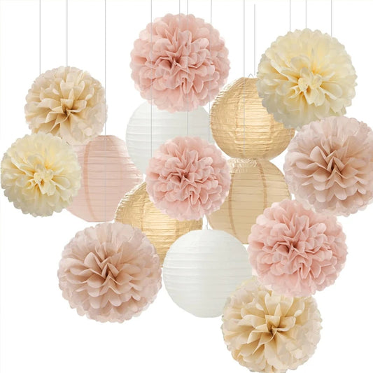 Champagne Gold and White Party Decorative Paper Flower Lanterns - 15 Pieces Bohemian Autumn Rustic Paper Tissue Pom-Poms with Ribbons, Wedding Baby Bridal Shower Unisex Autumn Birthday Hanging Decorations