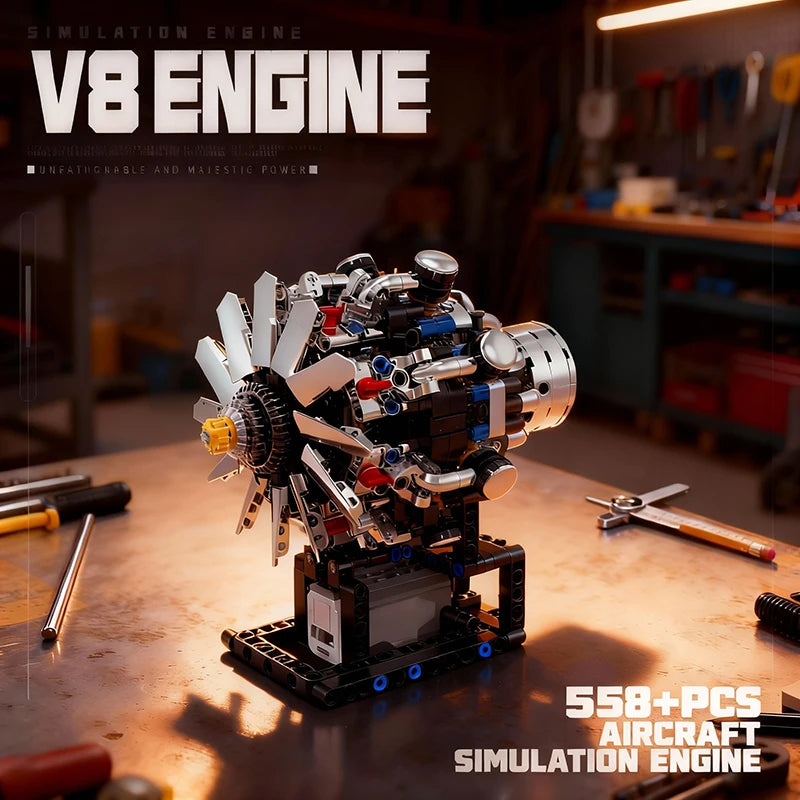 Aircraft V8 Engine Motorized Simulation Model Electrically Drive Technical Blocks DIY Building Toys Gifts Adult Bricks Sets