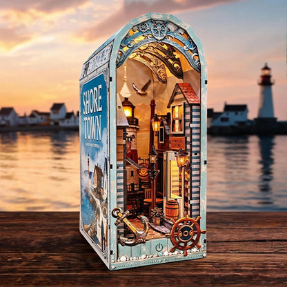 NEW DIY Wooden Shore Town House Book Nook Shelf Insert Kits Miniature Model Kit Bookend for Friends Birthday Gifts