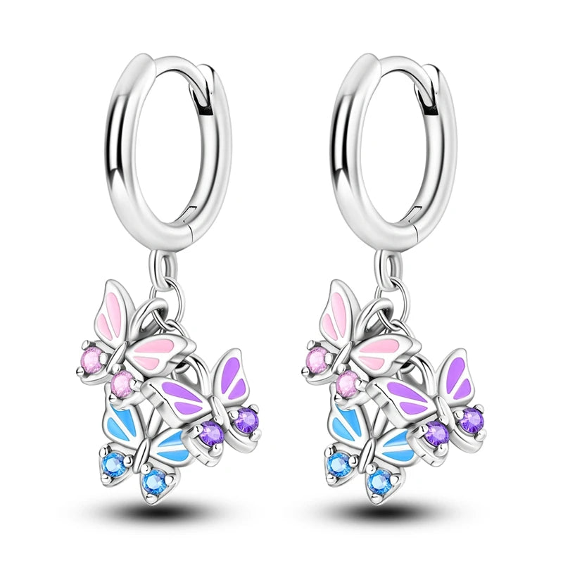 Original 925 Sterling Silver Earrings Sparkling Shining Dreamy Butterfly Hoop Earring for Women Girl Party Birthday Jewelry Gift