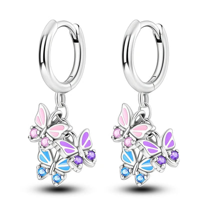 Original 925 Sterling Silver Earrings Sparkling Shining Dreamy Butterfly Hoop Earring for Women Girl Party Birthday Jewelry Gift