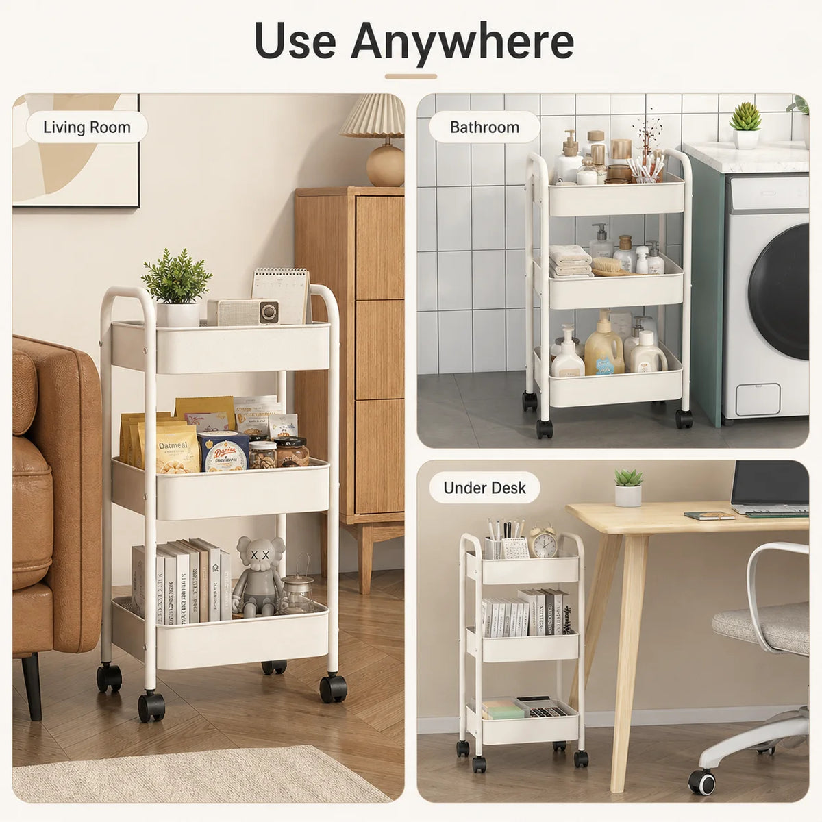 3-Tier Slim Rolling Storage Cart, 66 cm High Metal Utility Trolley for Kitchen, Bathroom and Laundry Room