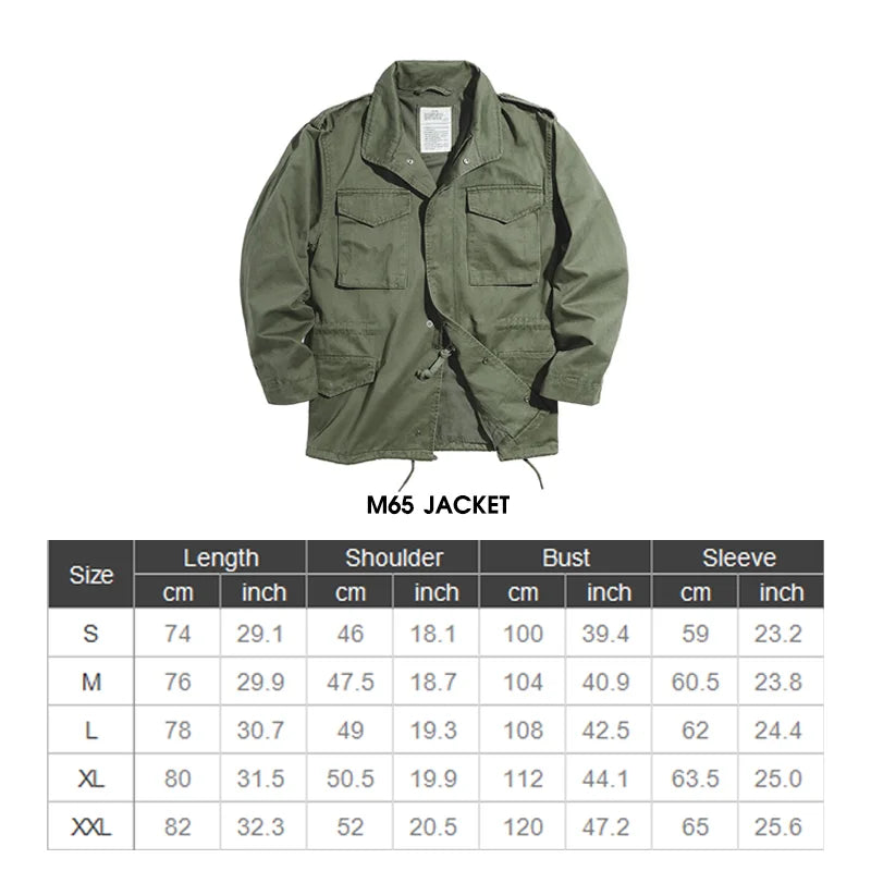 Maden Military M65 Field Jackets For Men's Green Vintage Army Jacket Casual Windbreaker Solid Lapel Collar with Pockets Overcoat