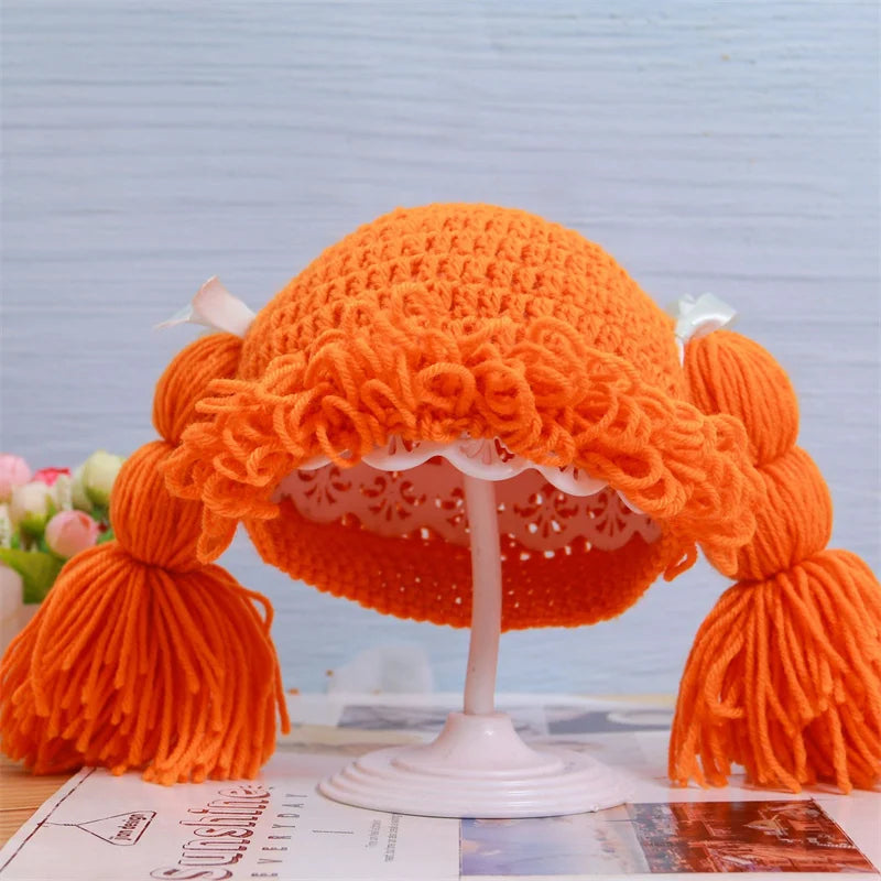 0-3Y Kids Girl Hat Beanie Hair Pigtail Curly Wig Cap Handmade Woolen Yarn Knitted Children Baby Hats and Caps Photography Props