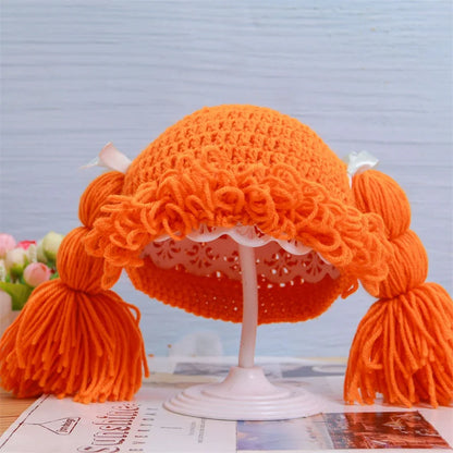 0-3Y Kids Girl Hat Beanie Hair Pigtail Curly Wig Cap Handmade Woolen Yarn Knitted Children Baby Hats and Caps Photography Props
