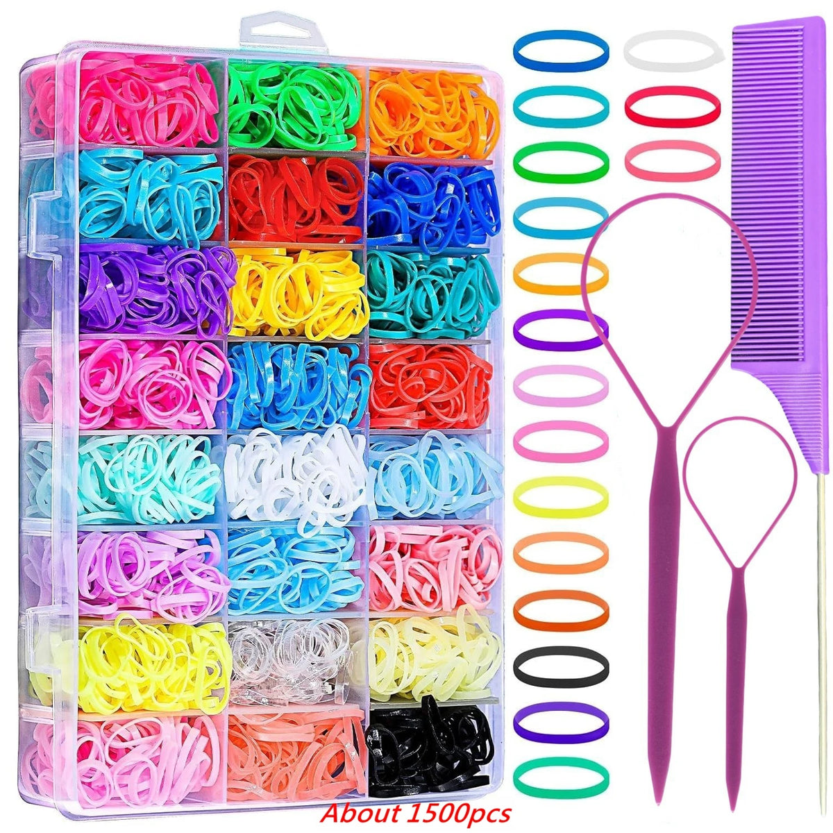 24-Color Hair Ties 1500Pcs Boxed Hair Ties Hair Extractor Hair Needle Pointed Tail Comb Hair Braiding Tools
