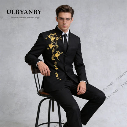 ULBYANRY Traditional Suit Set for Men, Stand Collar Single Row Suit, Wedding Groom Suits Men's Slim Fitting Tuxedo Jacket Pants